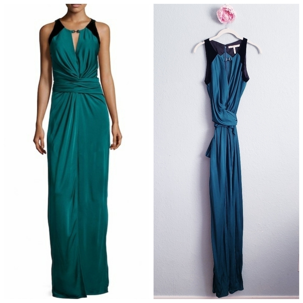 Halston Heritage Emerald Green And Black Velvet Sleeveless Gown